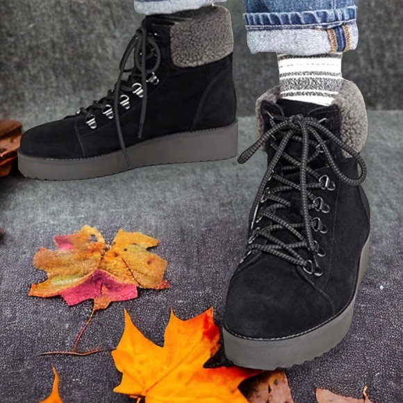 Sam Edelman Hiking Boots Franc Grey Faux Fur Trim Black Suede Platform S… - Picture 1 of 10